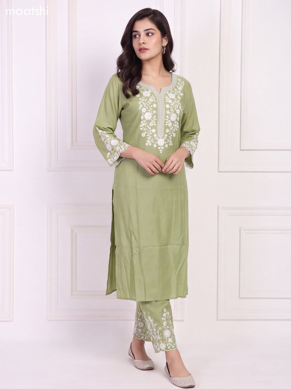 Pastel Green and Off White Viscose Rayon Embroidery Work Long Kurti Set