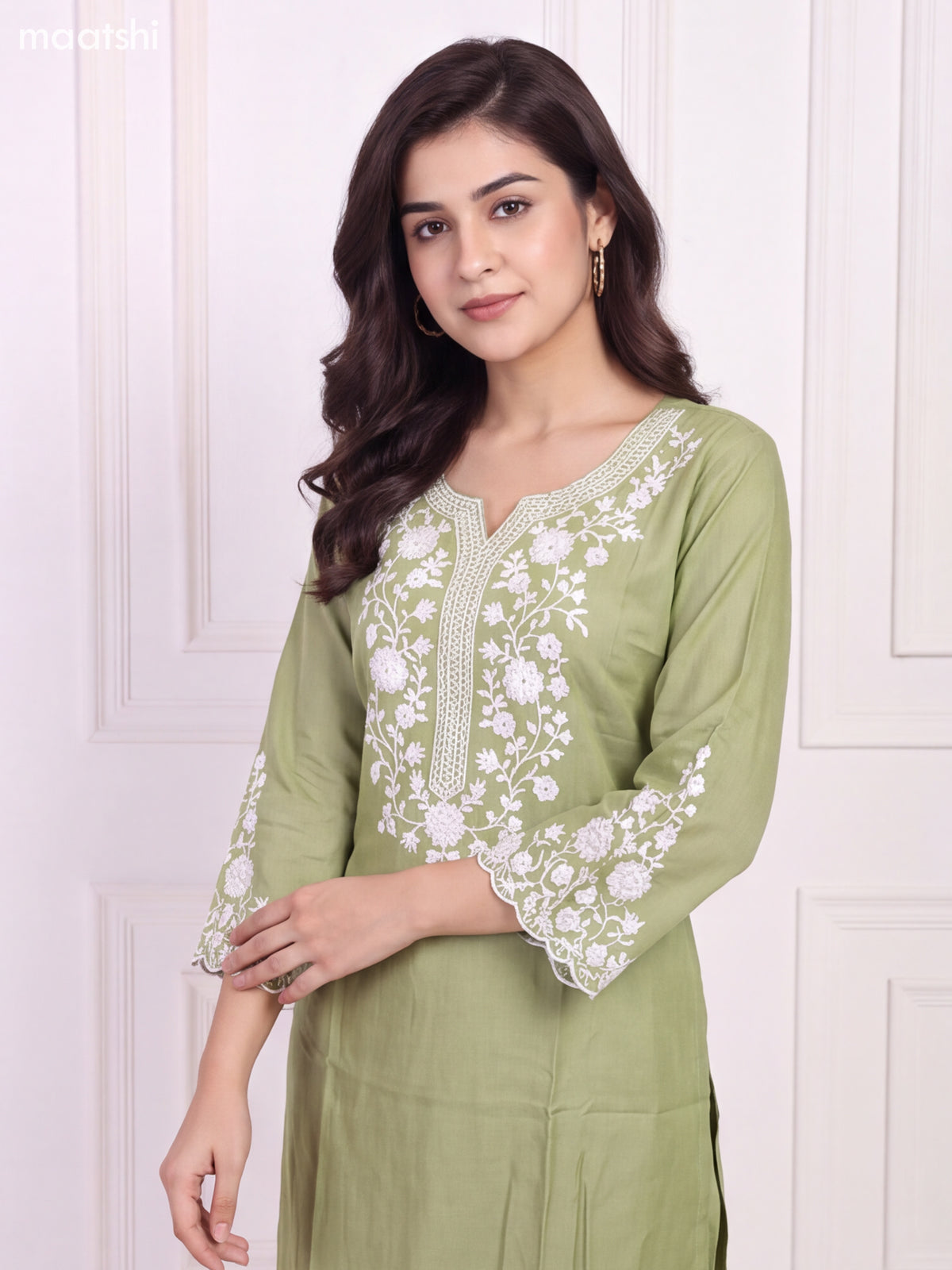 Pastel Green and Off White Viscose Rayon Embroidery Work Long Kurti Set