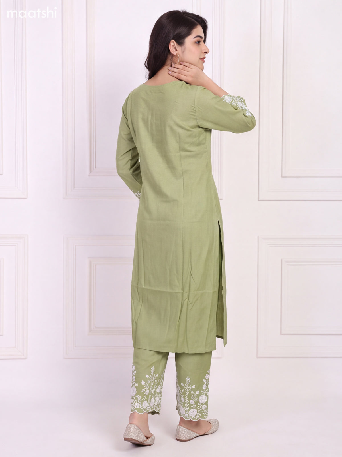 Pastel Green and Off White Viscose Rayon Embroidery Work Long Kurti Set
