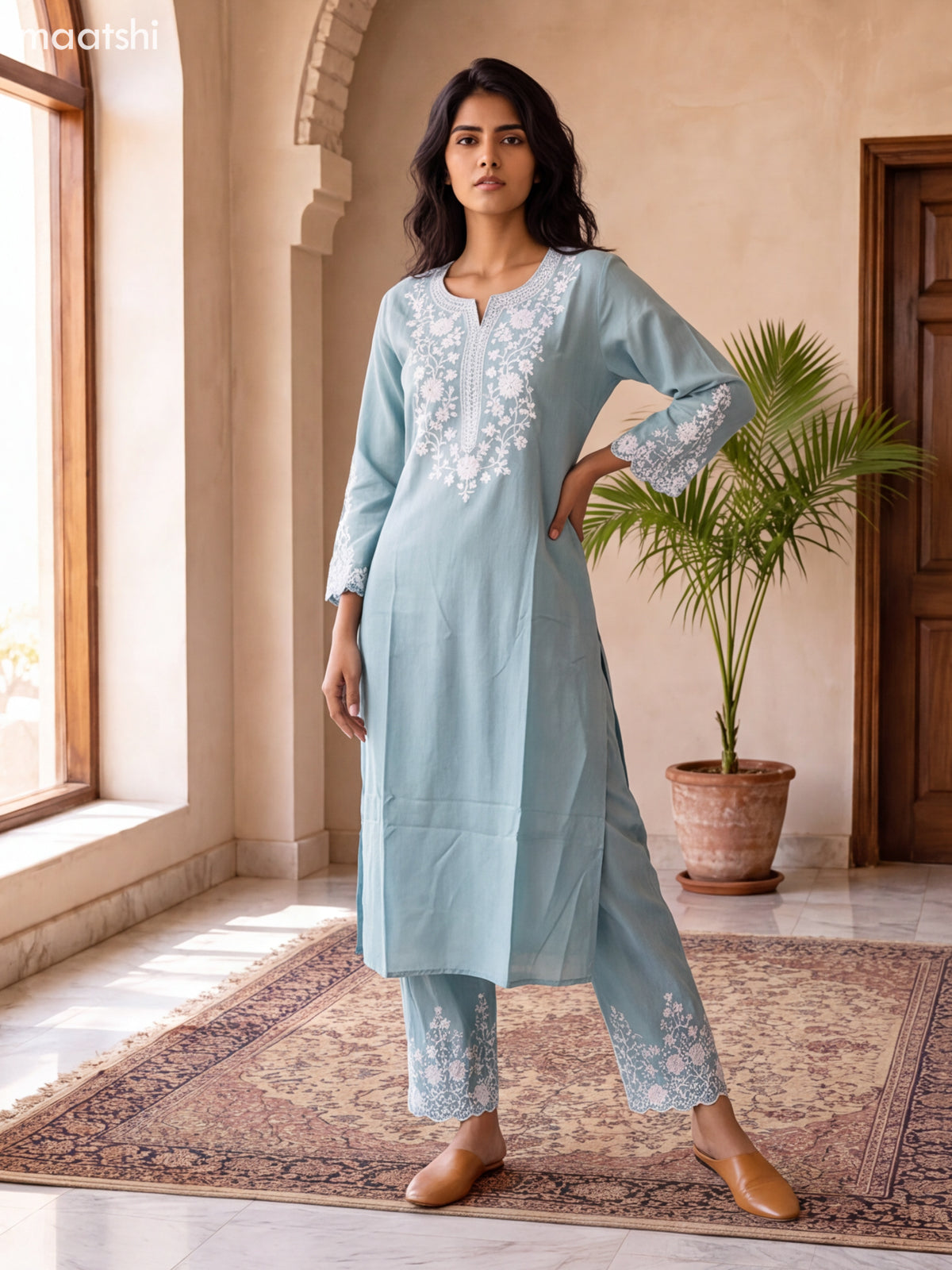 Pastel Green Viscose Rayon Embroidery Work Kurti Set