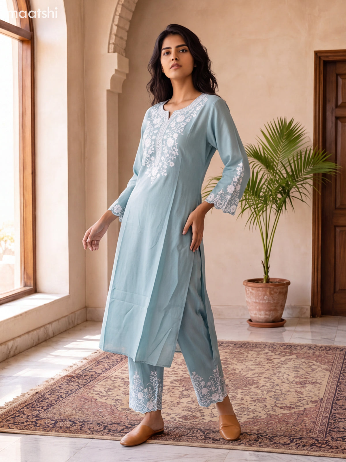 Pastel Green Viscose Rayon Embroidery Work Kurti Set