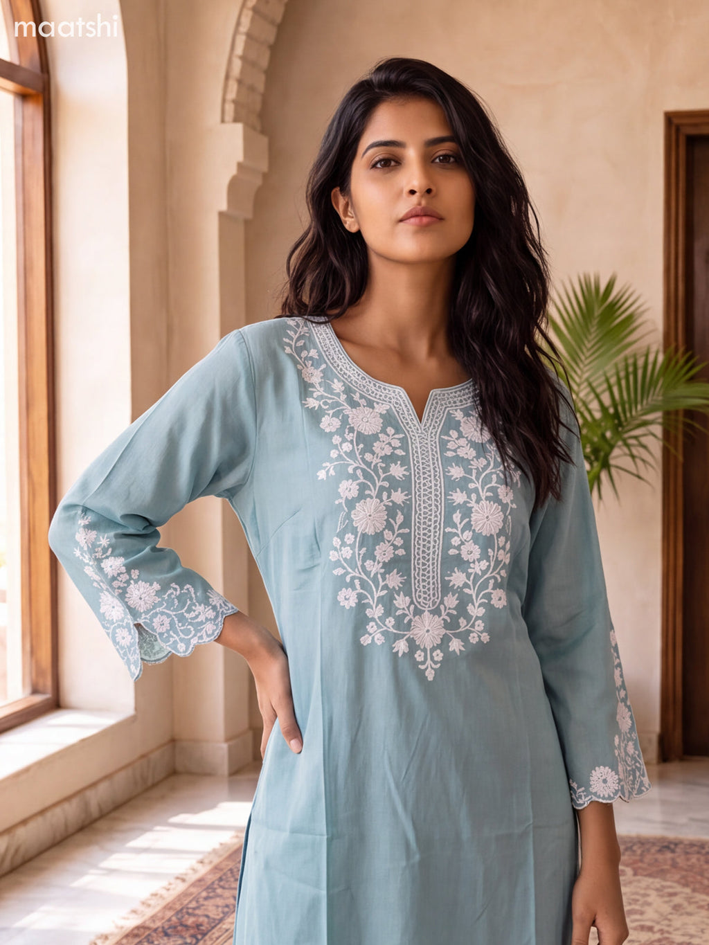 Pastel Green Viscose Rayon Embroidery Work Kurti Set
