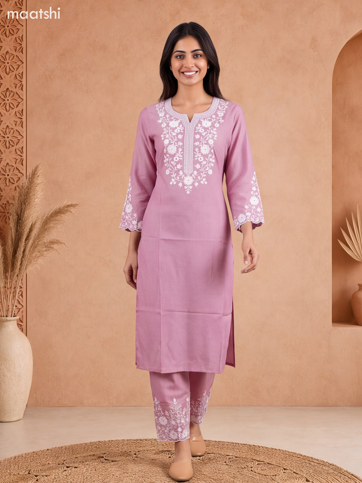 Pink Viscose Rayon Embroidery Work Kurti Set