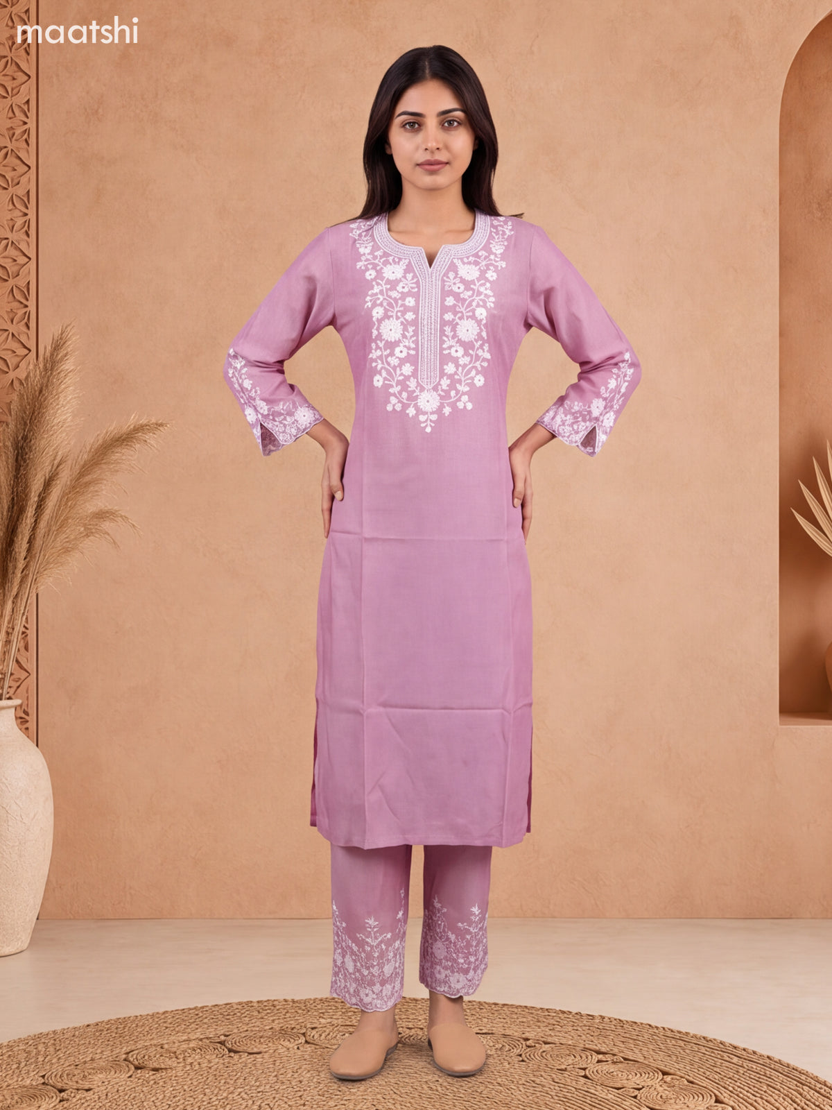 Pink Viscose Rayon Embroidery Work Kurti Set