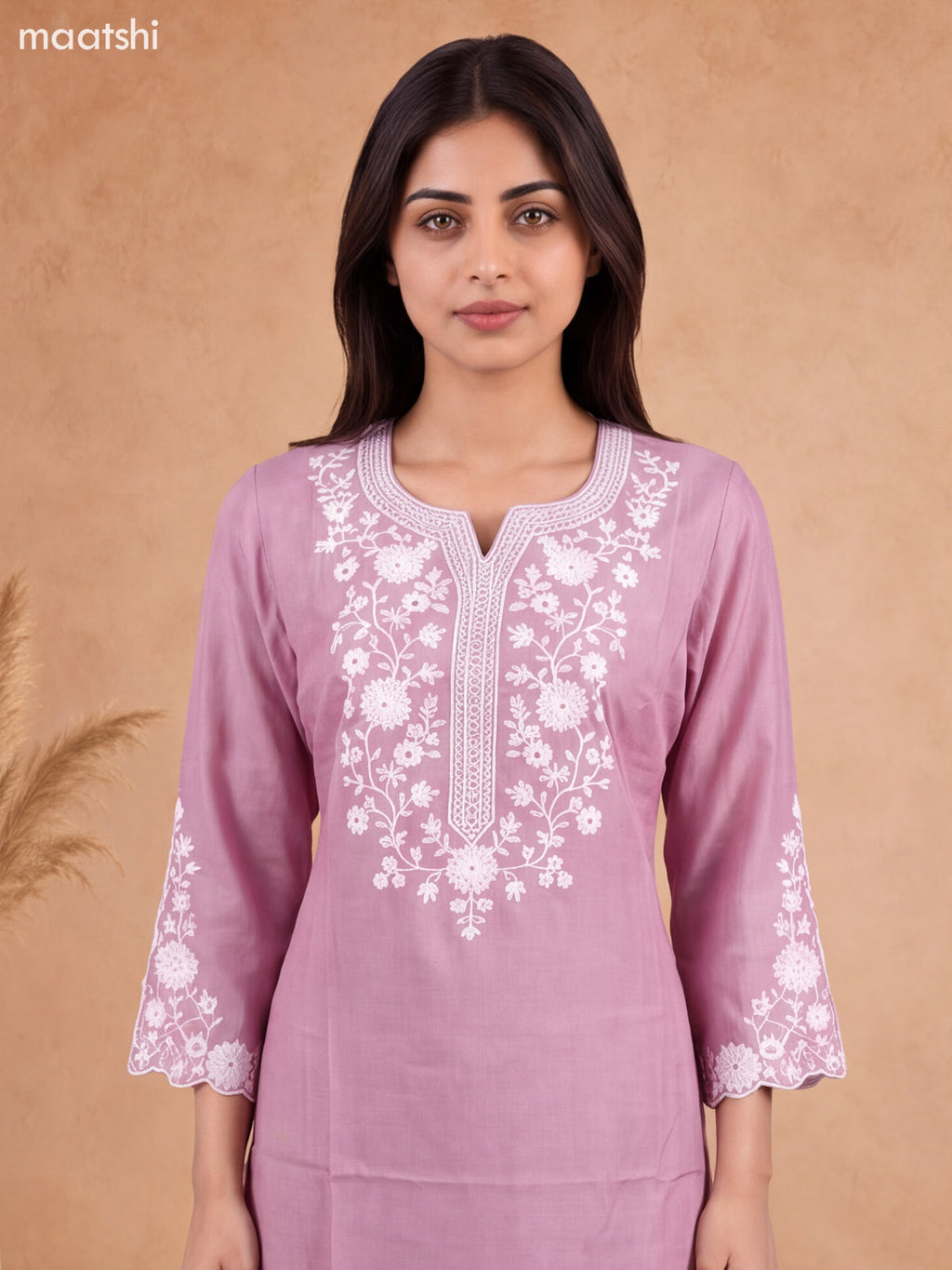 Pink Viscose Rayon Embroidery Work Kurti Set