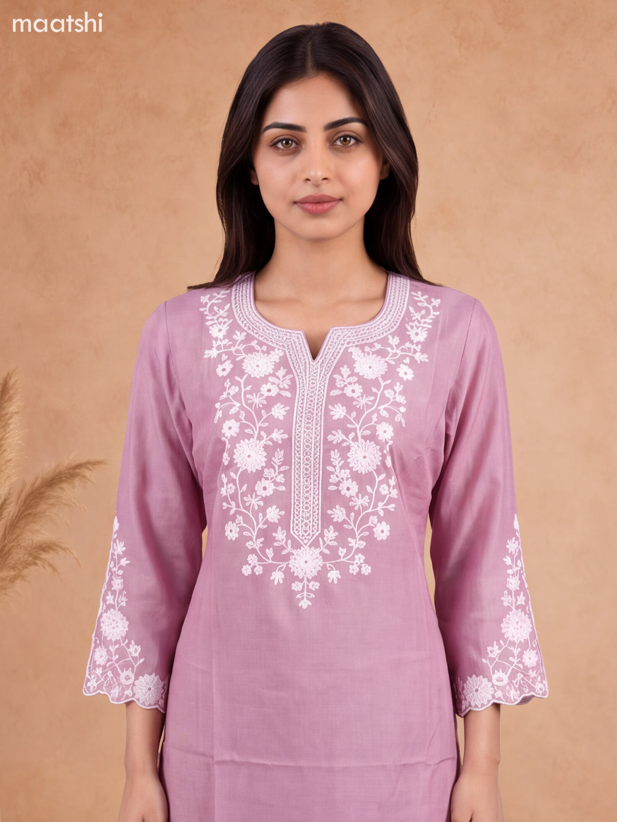 Pink Viscose Rayon Embroidery Work Kurti Set