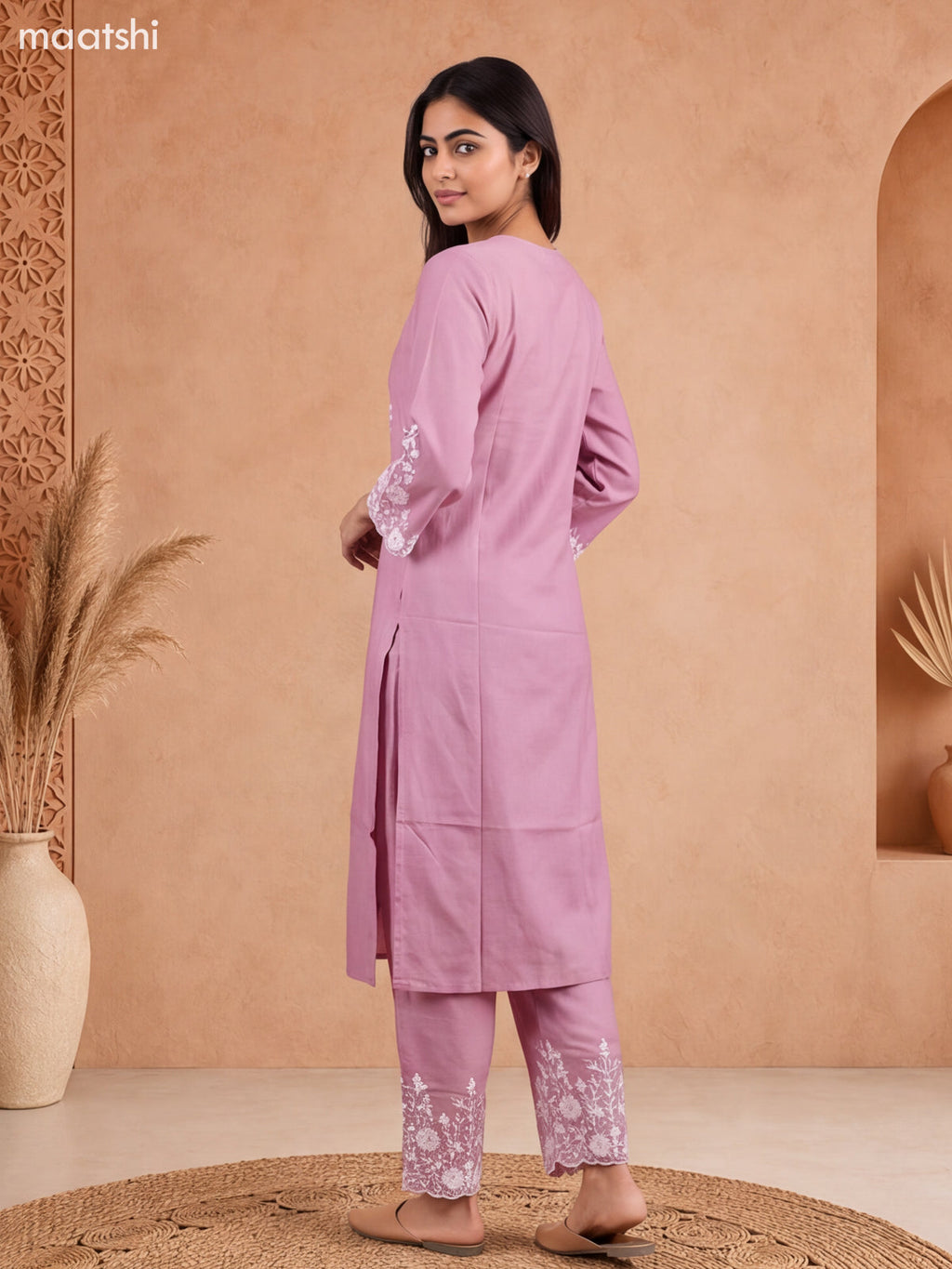 Pink Viscose Rayon Embroidery Work Kurti Set