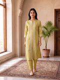 Pale Yellow Viscose Rayon Embroidery Work Kurti Set
