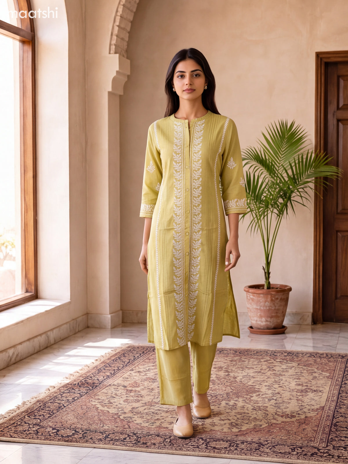 Pale Yellow Viscose Rayon Embroidery Work Kurti Set