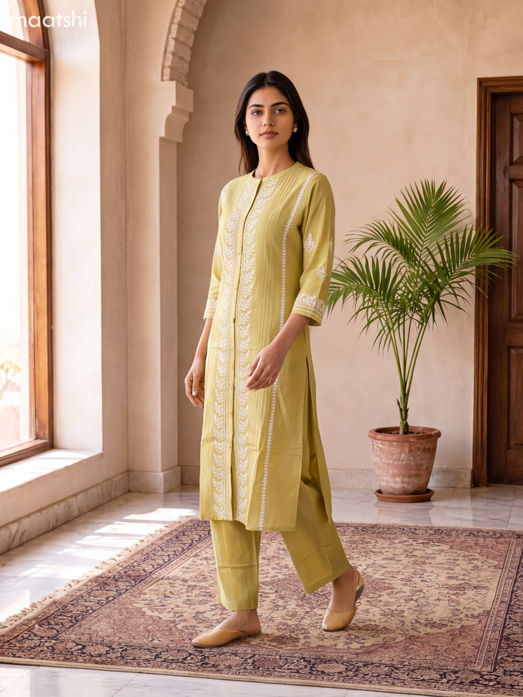 Pale Yellow Viscose Rayon Embroidery Work Kurti Set