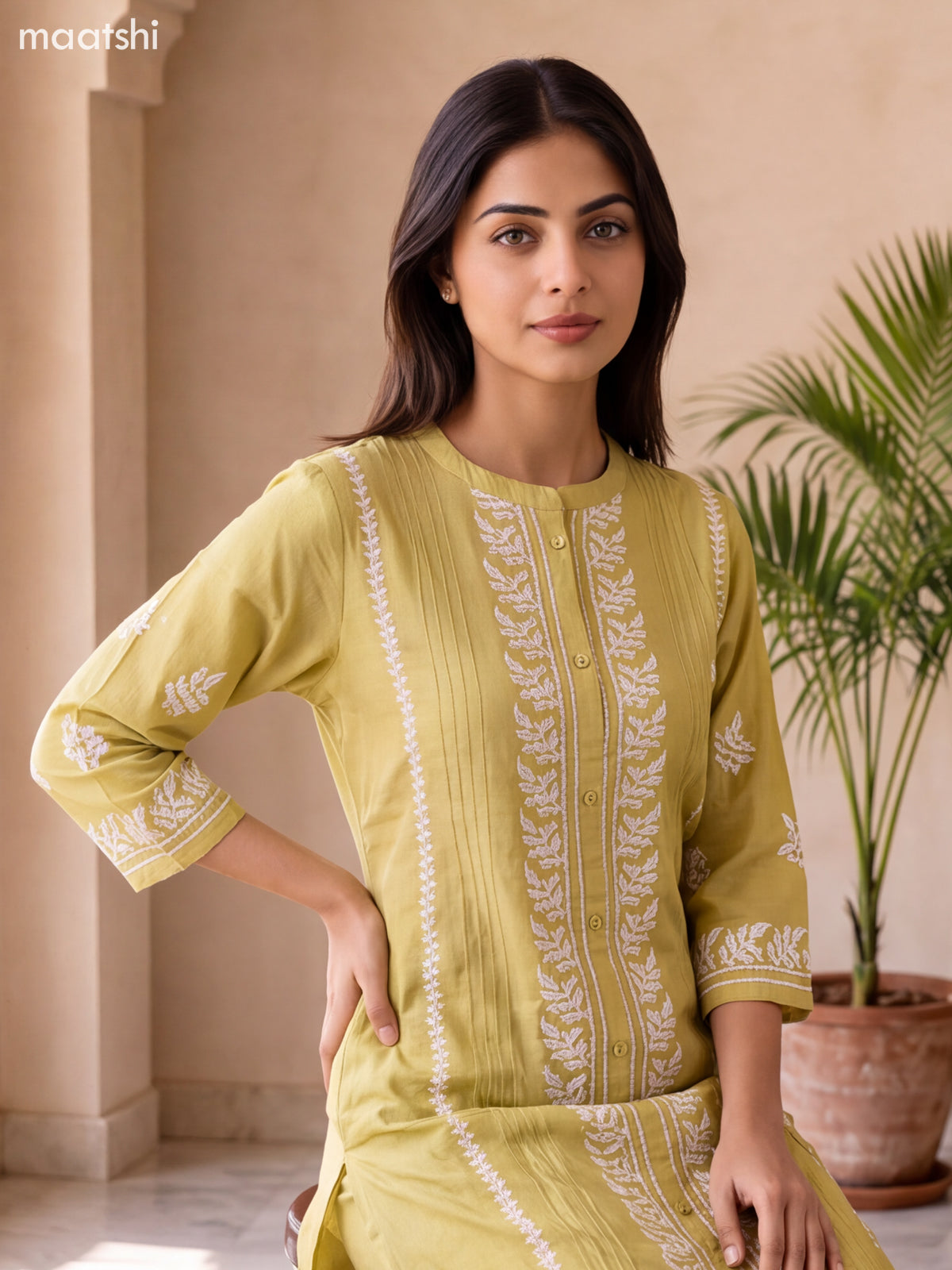 Pale Yellow Viscose Rayon Embroidery Work Kurti Set