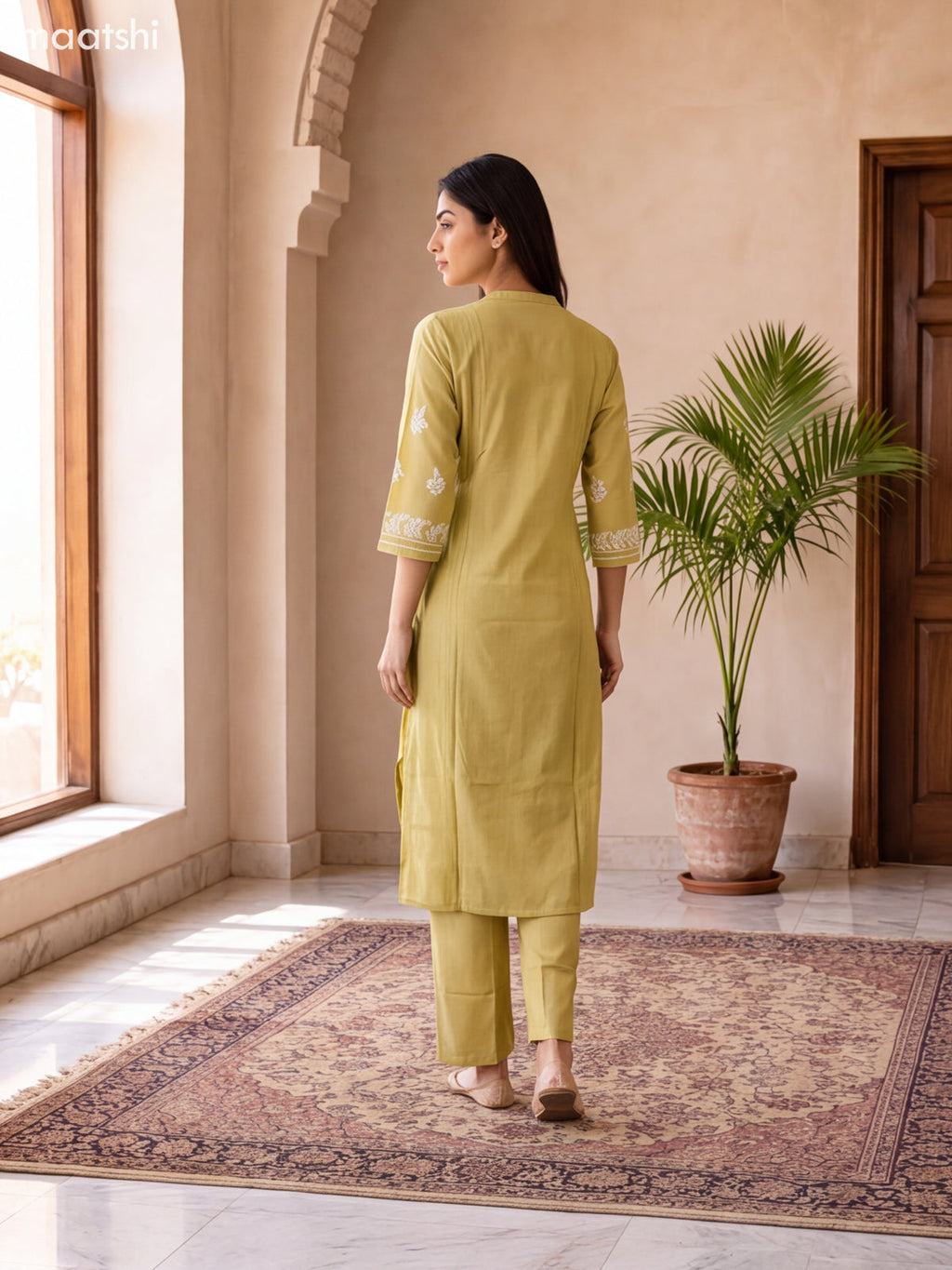Pale Yellow Viscose Rayon Embroidery Work Kurti Set