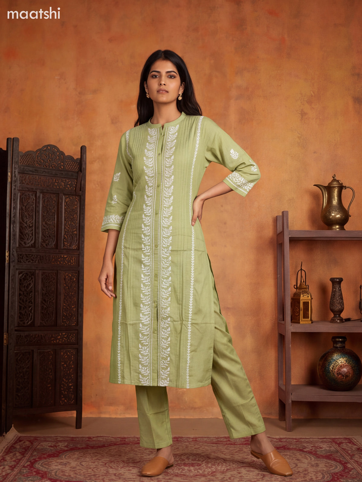 Green Viscose Rayon Embroidery Work Kurti Set