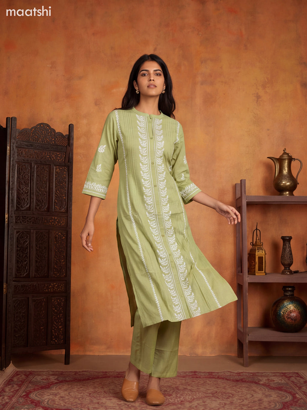 Green Viscose Rayon Embroidery Work Kurti Set