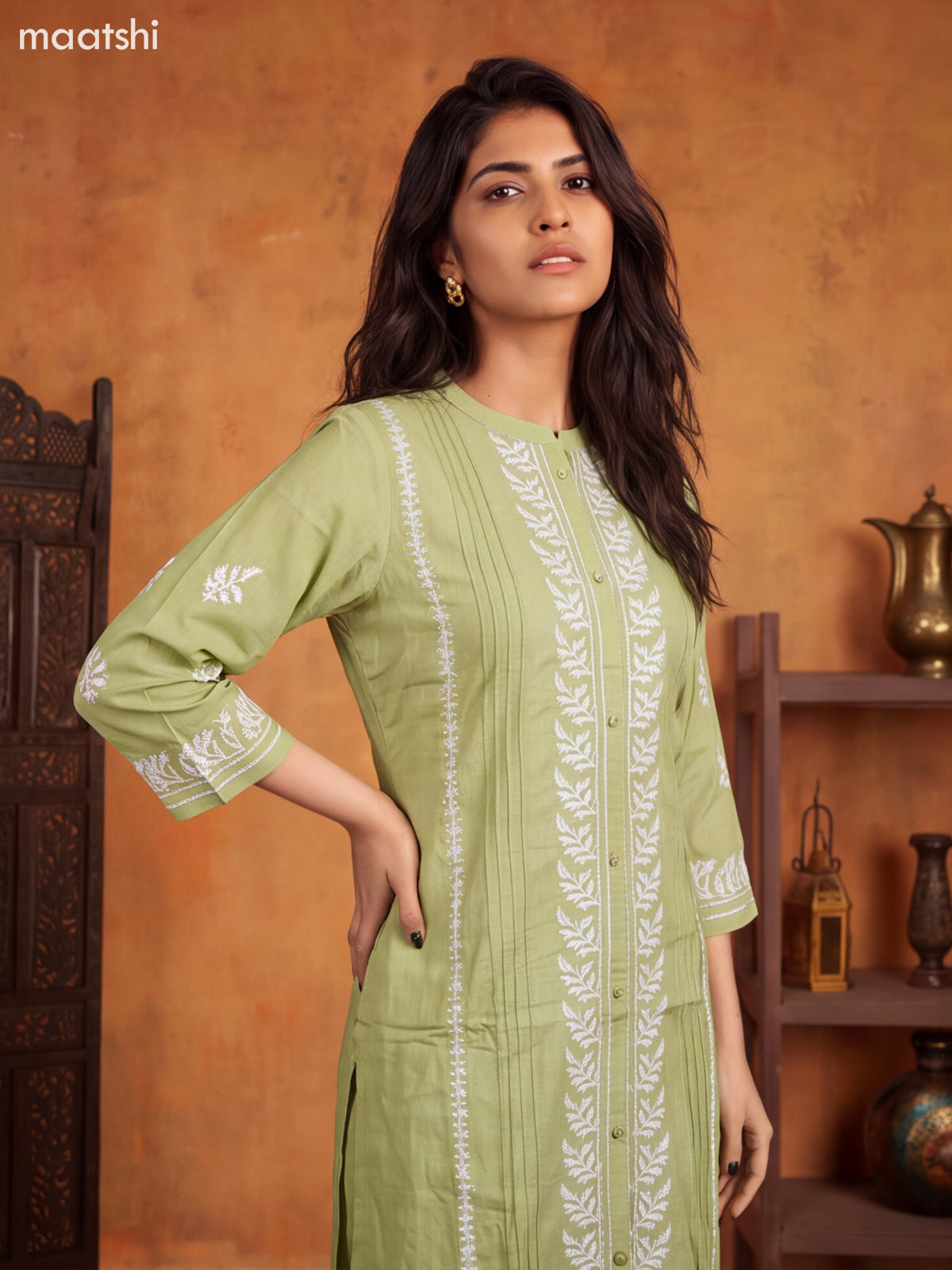Green Viscose Rayon Embroidery Work Kurti Set