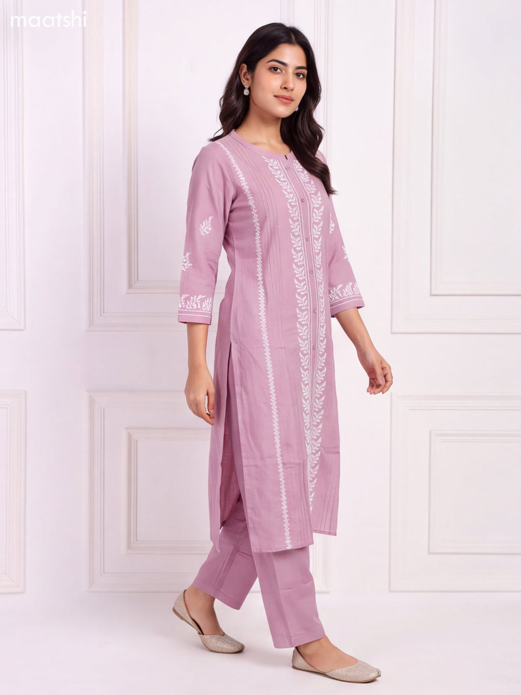 Pastel Pink and Off White Viscose Rayon Embroidery Work Long Kurti Set