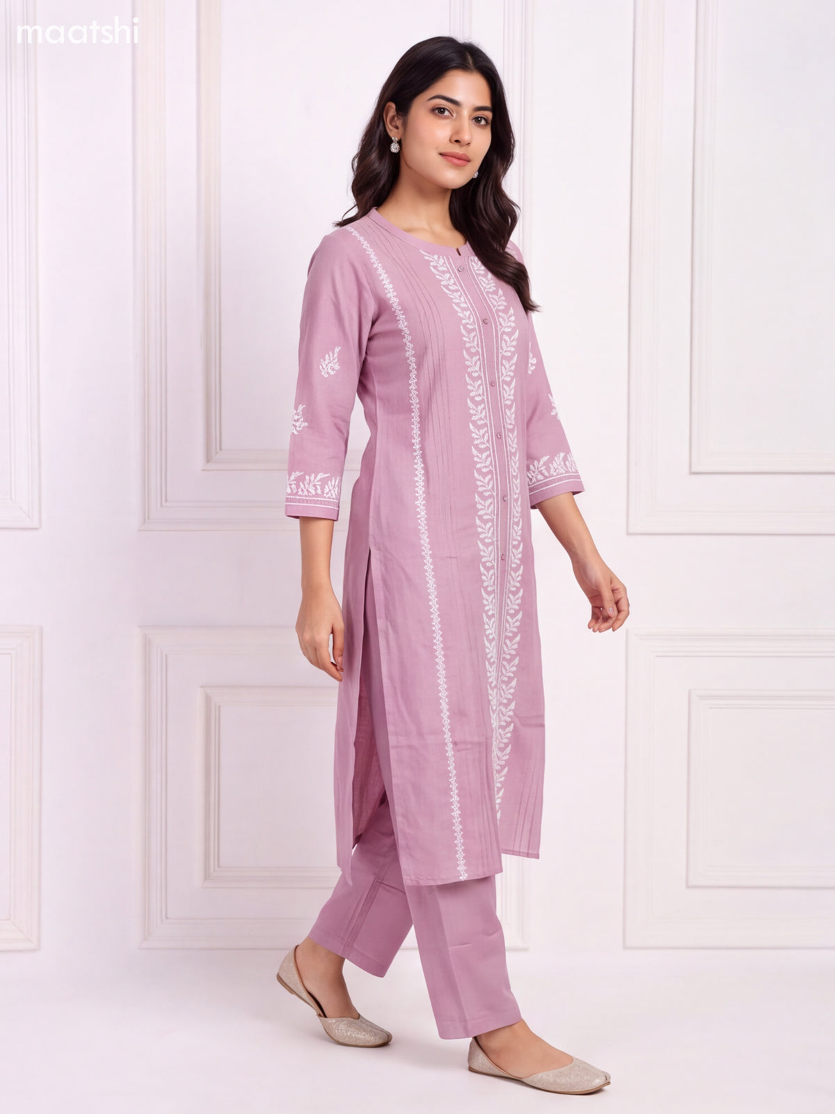 Pastel Pink and Off White Viscose Rayon Embroidery Work Long Kurti Set