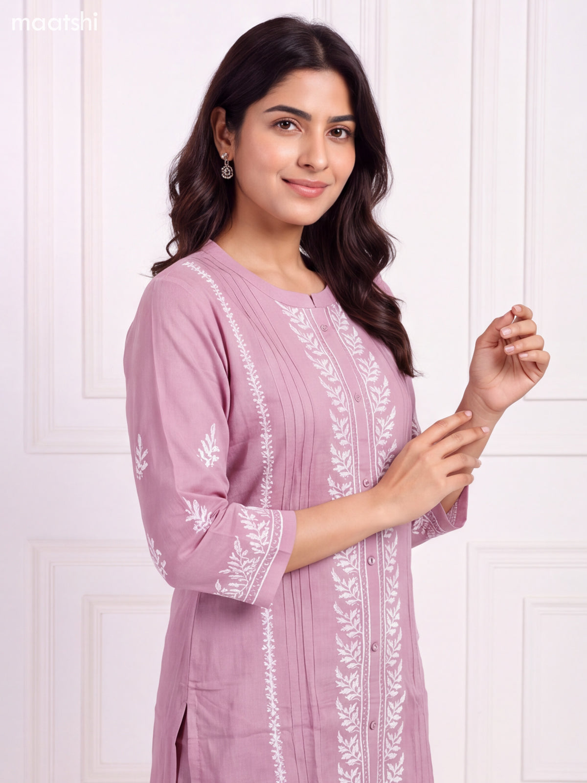 Pastel Pink and Off White Viscose Rayon Embroidery Work Long Kurti Set