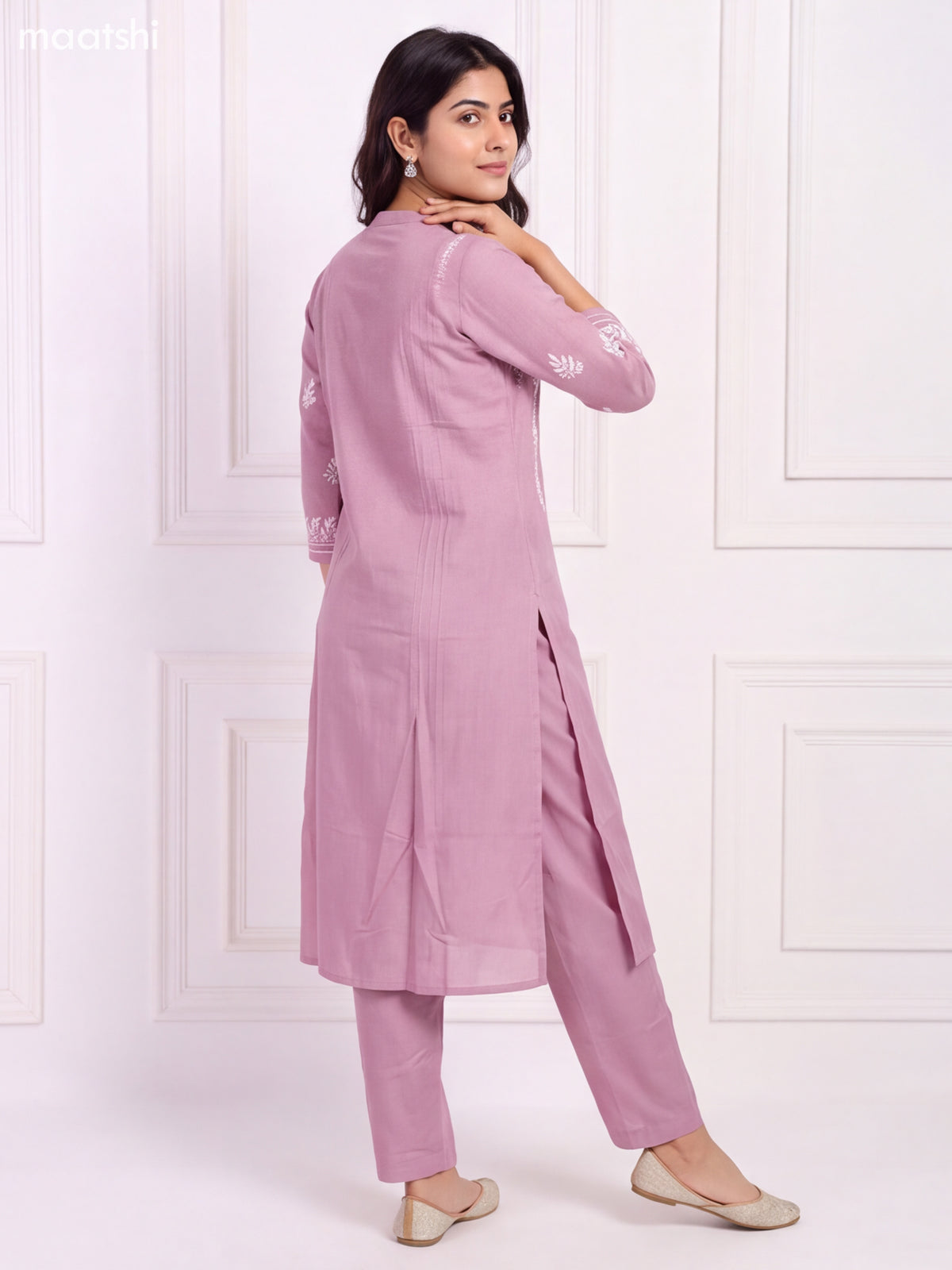 Pastel Pink and Off White Viscose Rayon Embroidery Work Long Kurti Set