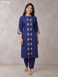 Blue and Off White Cotton Floral Embroidery Work Kurti Set