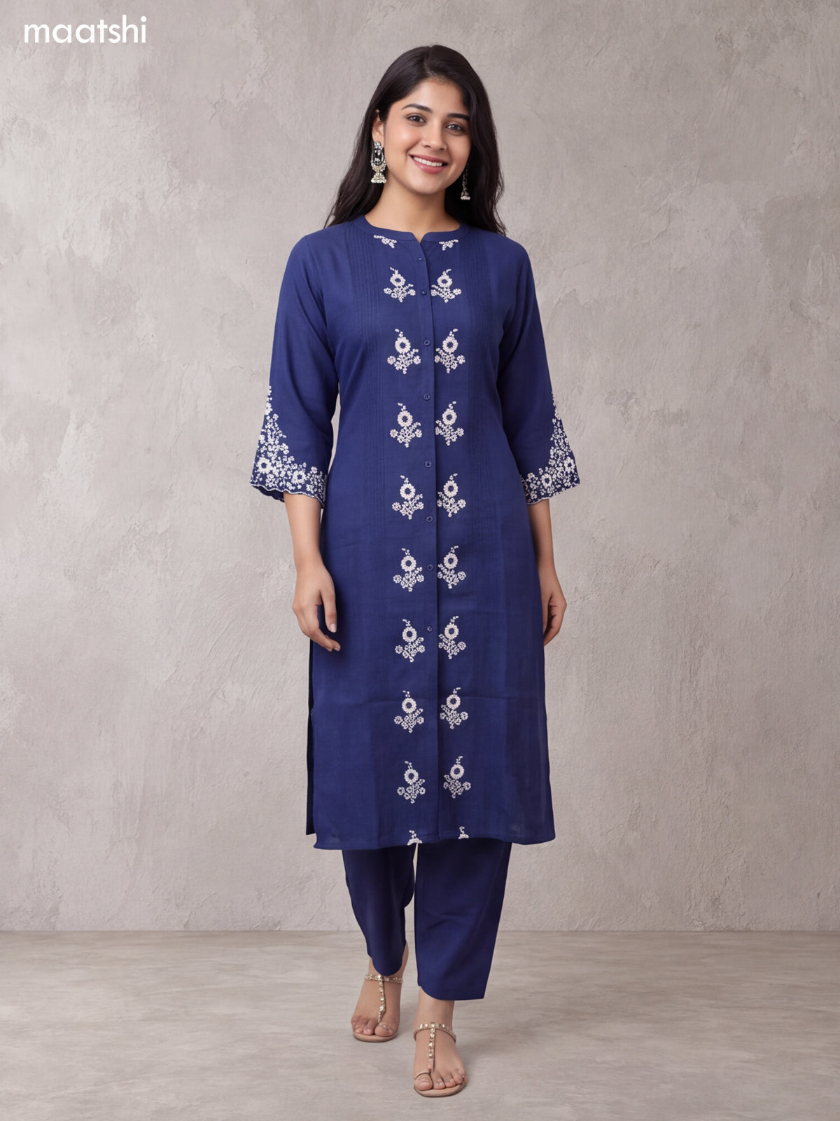 Blue and Off White Cotton Floral Embroidery Work Kurti Set