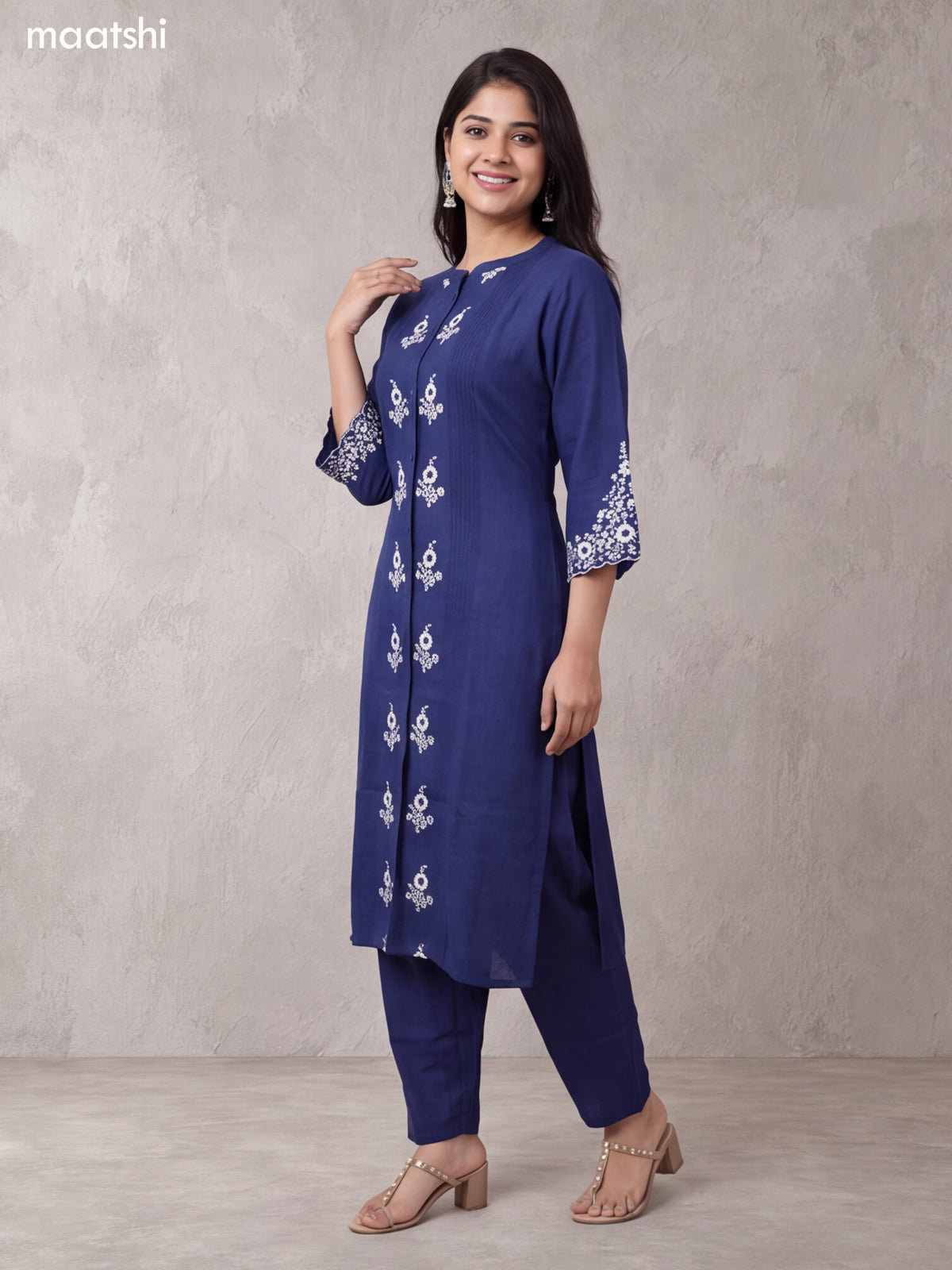 Blue and Off White Cotton Floral Embroidery Work Kurti Set