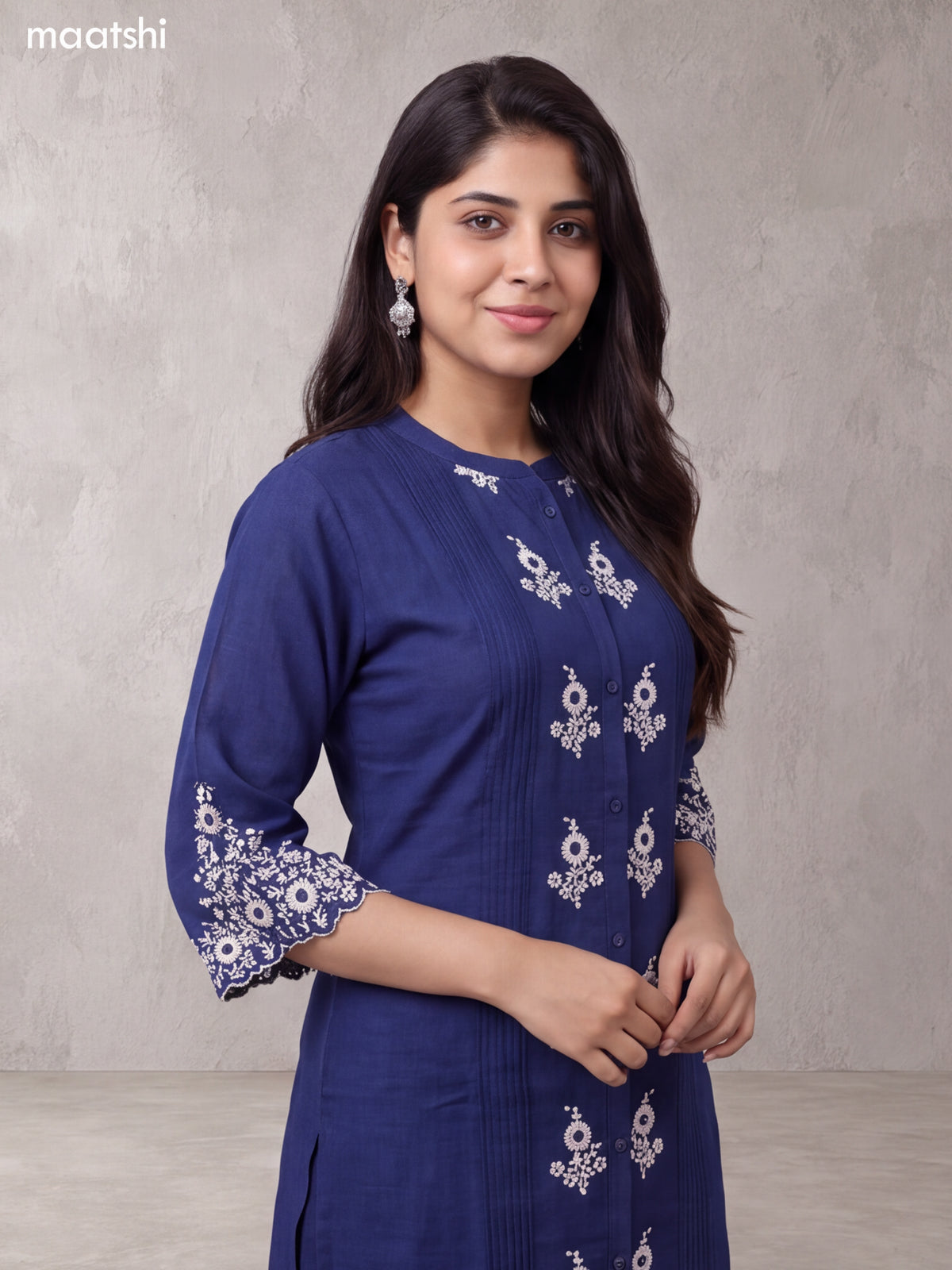 Blue and Off White Cotton Floral Embroidery Work Kurti Set