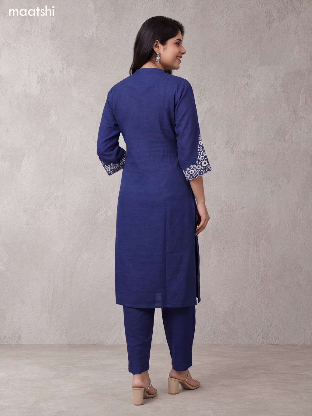 Blue and Off White Cotton Floral Embroidery Work Kurti Set