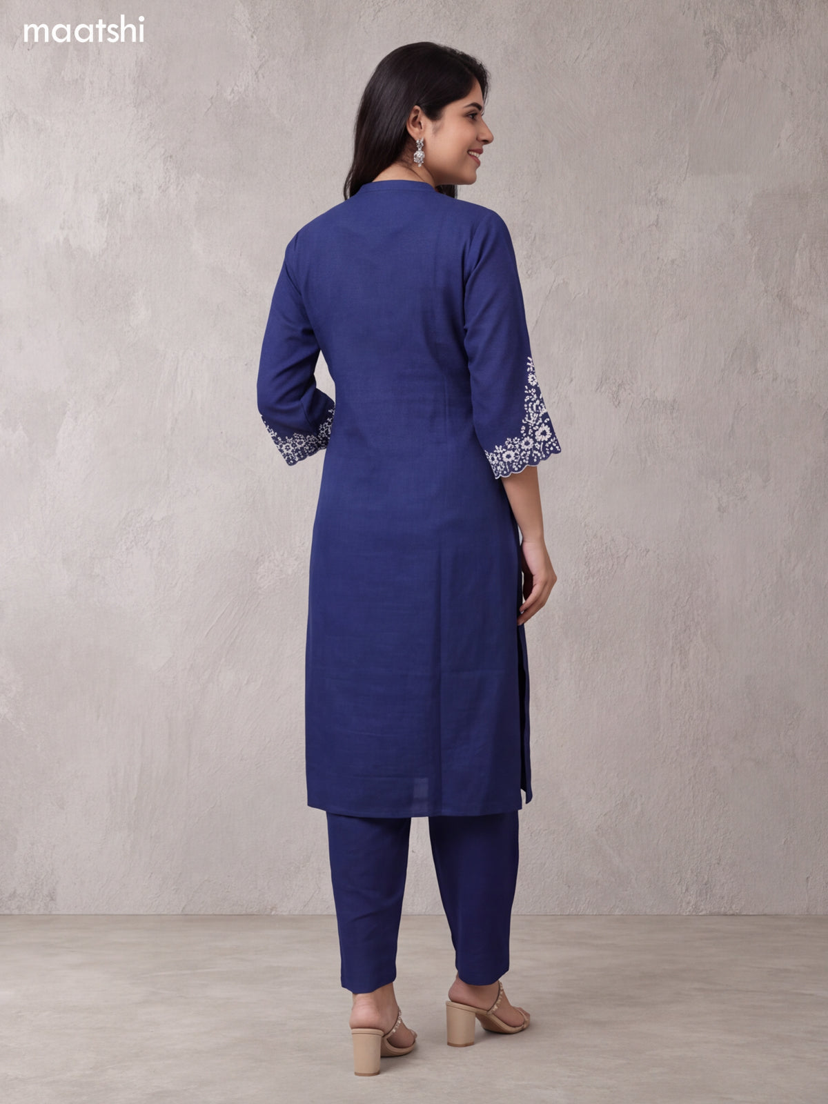 Blue and Off White Cotton Floral Embroidery Work Kurti Set