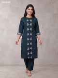 Green and Off White Cotton Floral Embroidery Work Kurti Set