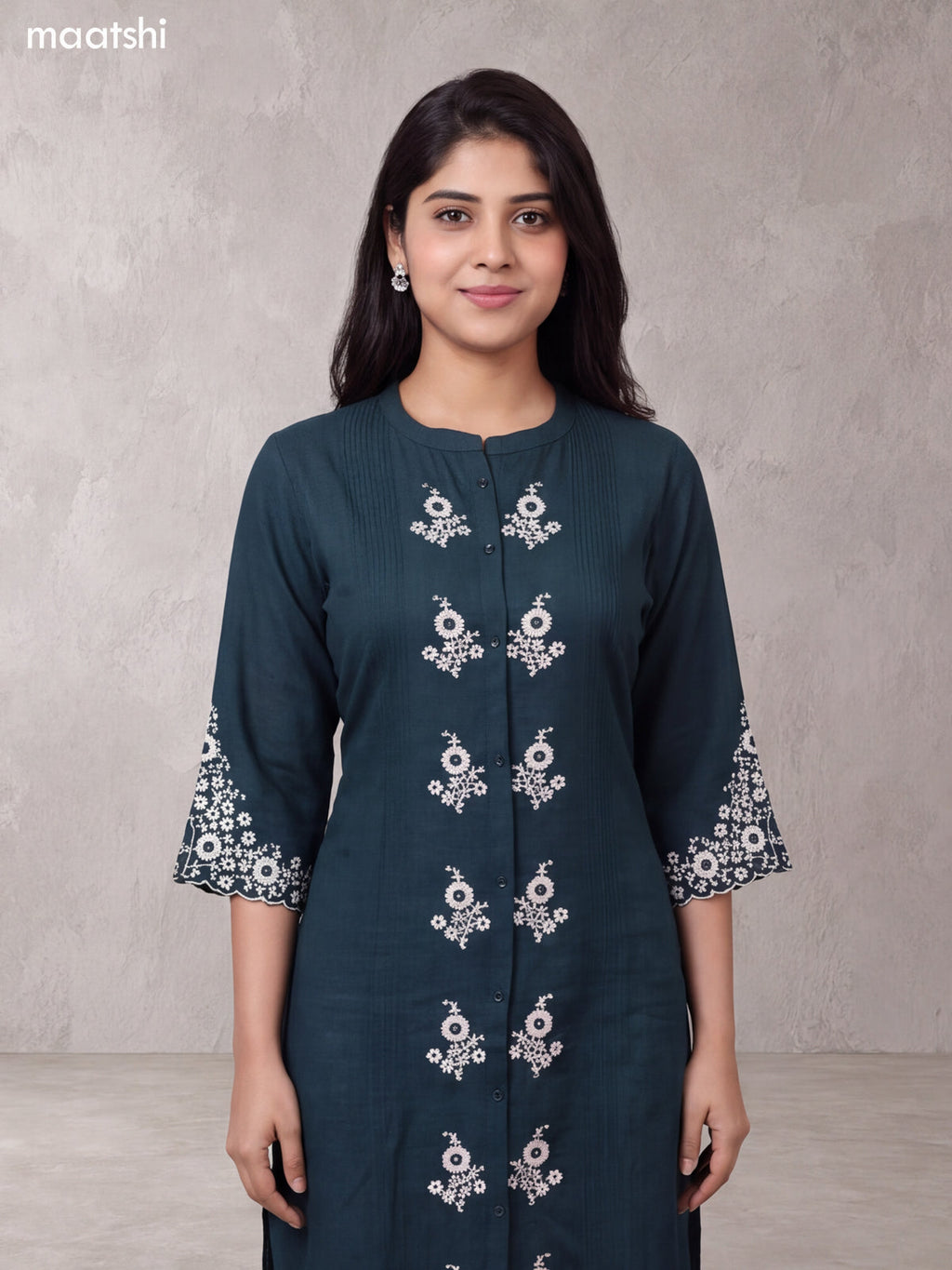 Green and Off White Cotton Floral Embroidery Work Kurti Set