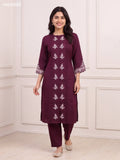 Wine and Off White Cotton Floral Embroidery Work Kurti Set