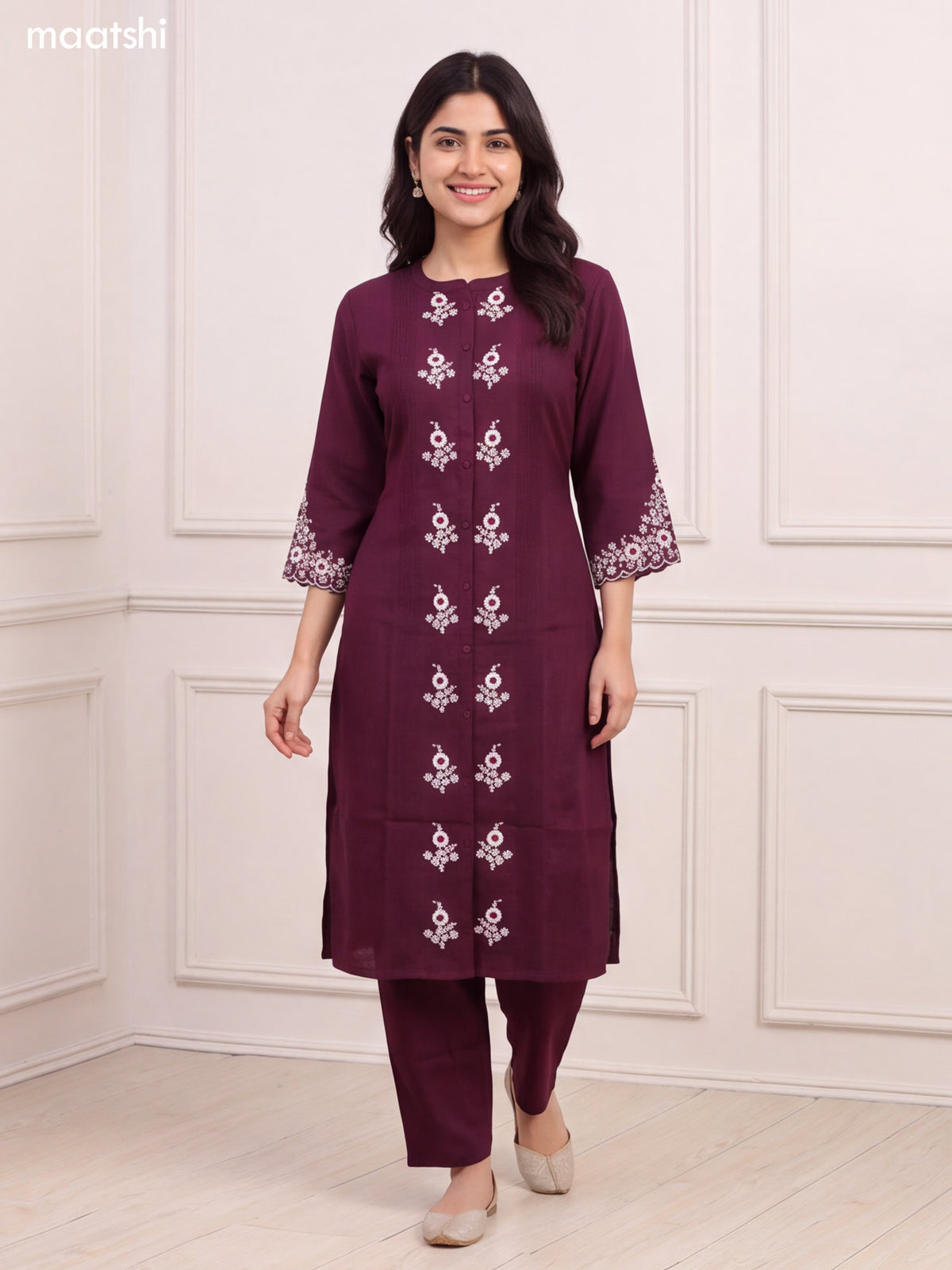 Wine and Off White Cotton Floral Embroidery Work Kurti Set