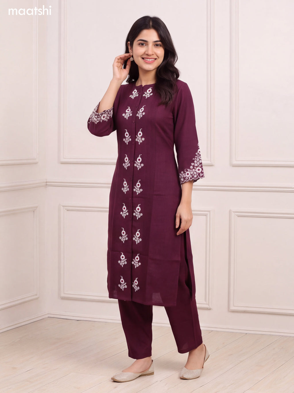 Wine and Off White Cotton Floral Embroidery Work Kurti Set