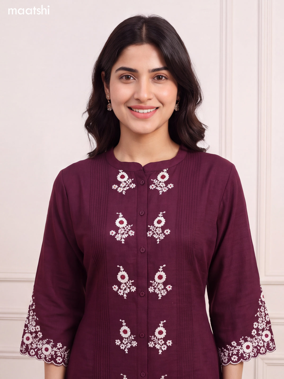 Wine and Off White Cotton Floral Embroidery Work Kurti Set
