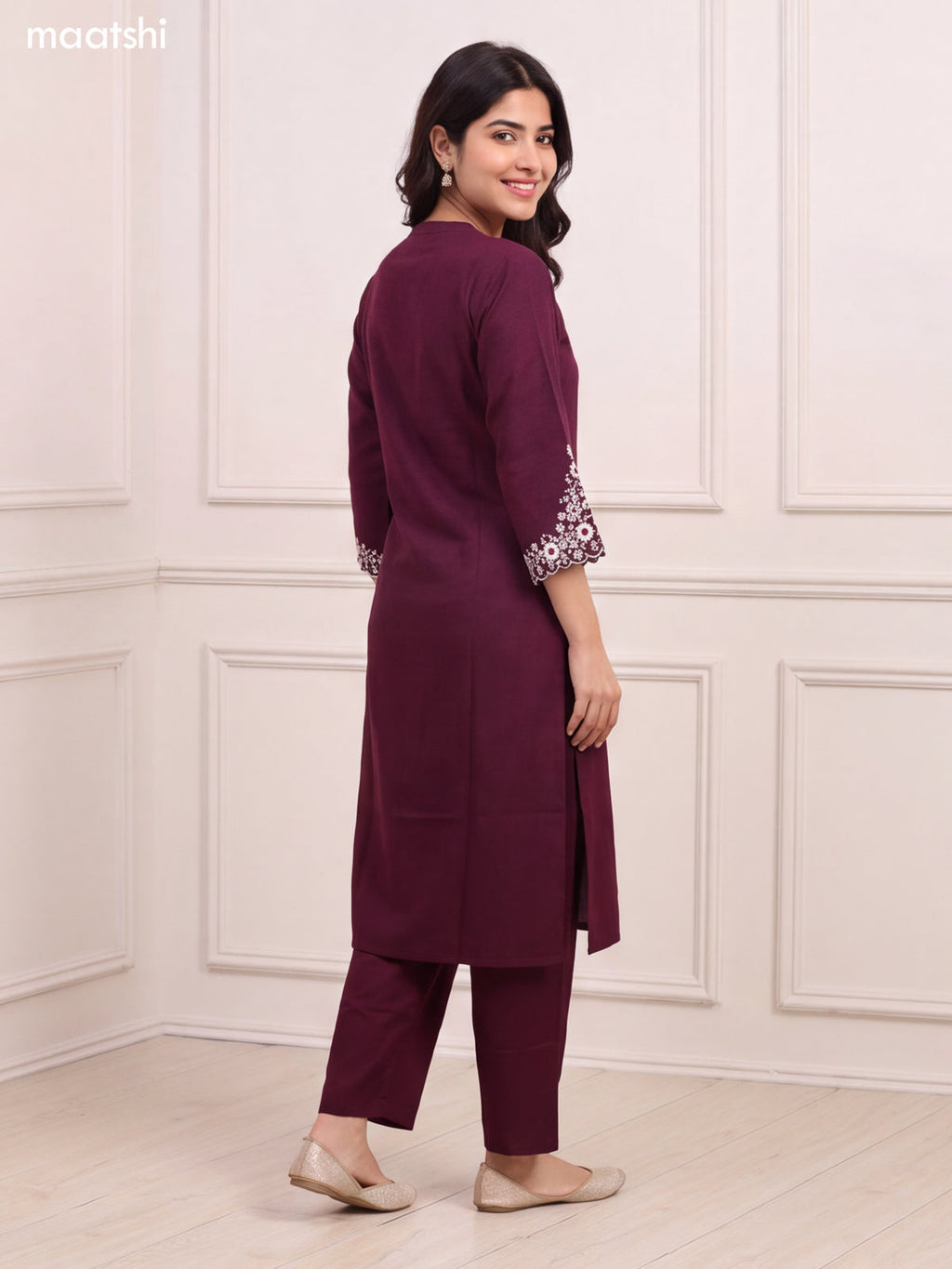 Wine and Off White Cotton Floral Embroidery Work Kurti Set