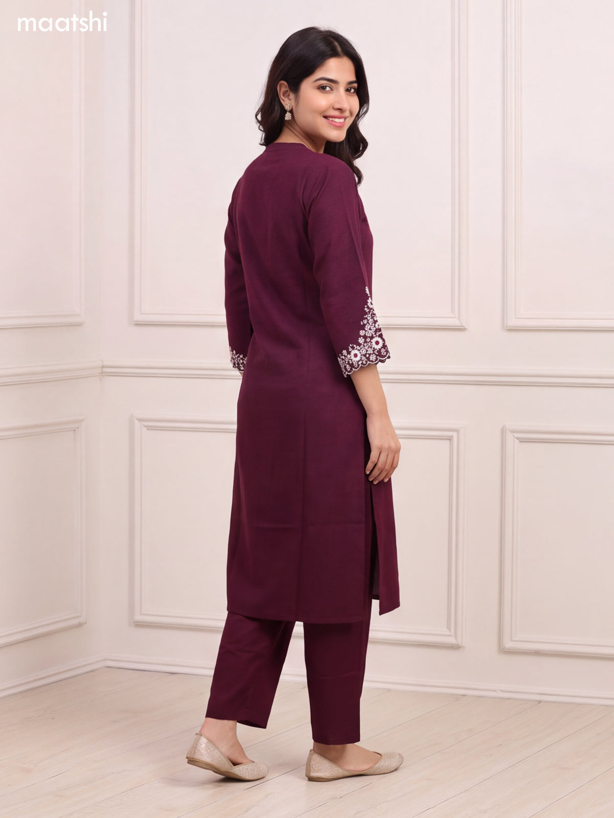 Wine and Off White Cotton Floral Embroidery Work Kurti Set