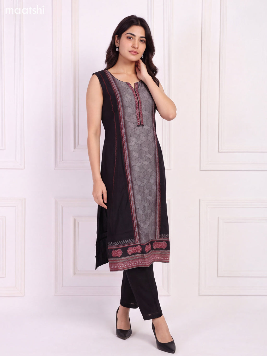 Black and Maroon Art Silk Printed & Embroidery Work Kurti Set
