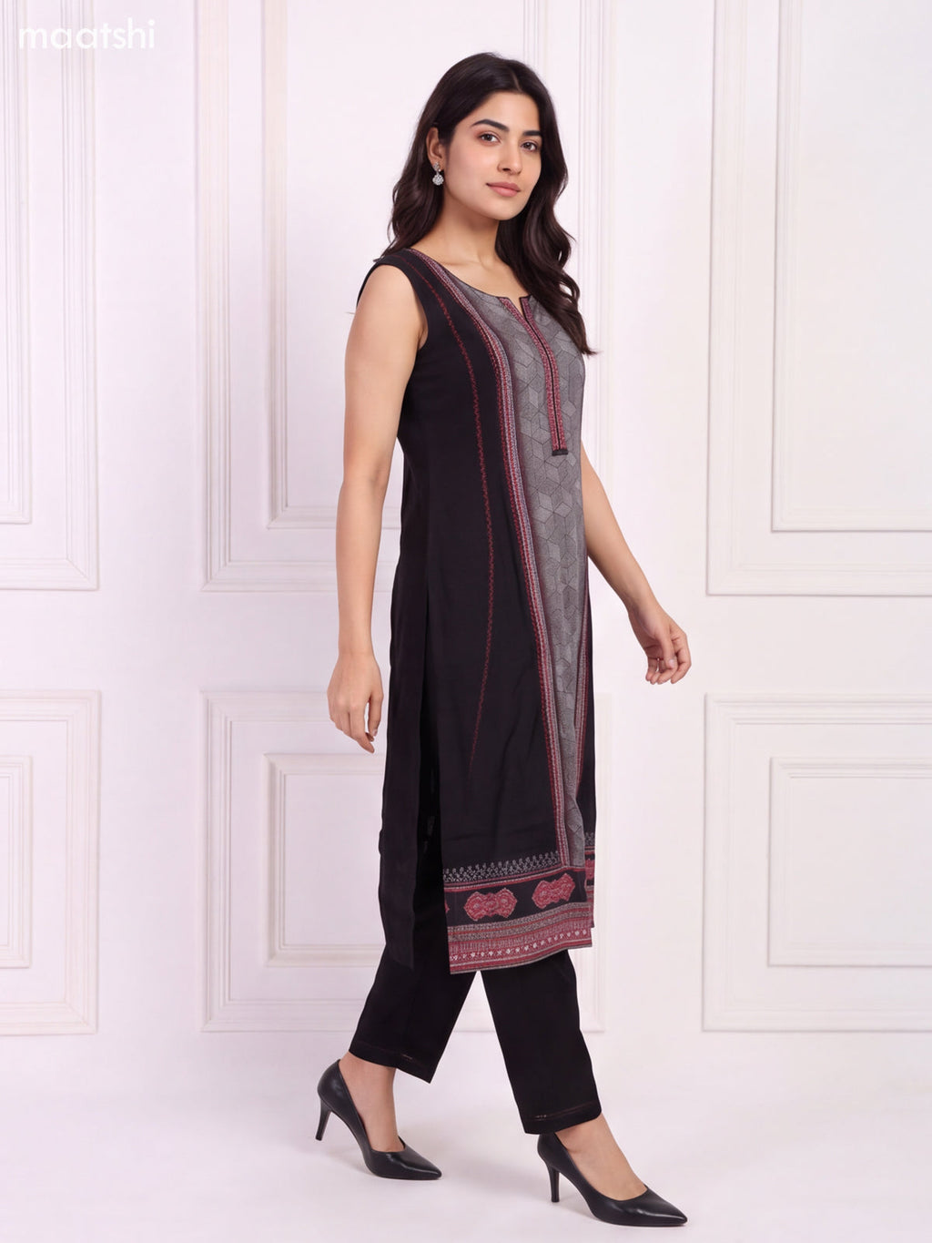 Black and Maroon Art Silk Printed & Embroidery Work Kurti Set