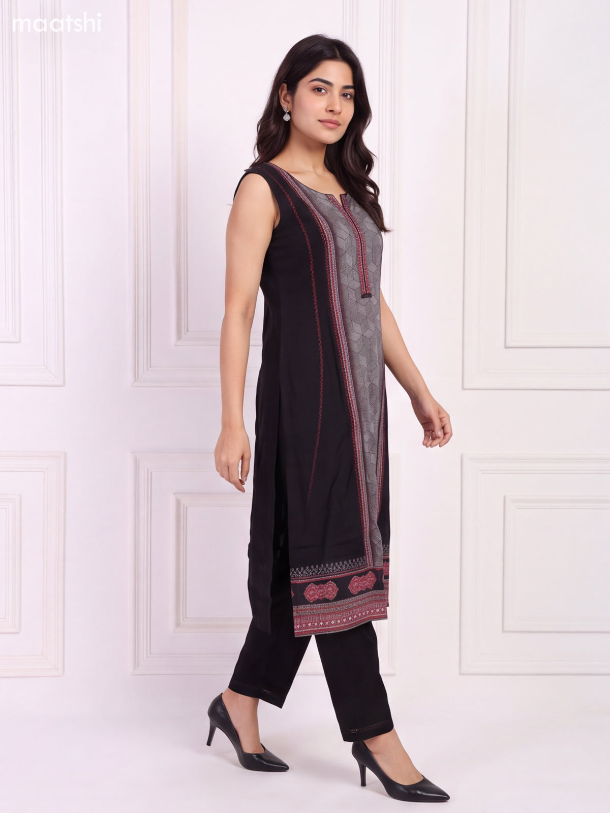 Black and Maroon Art Silk Printed & Embroidery Work Kurti Set