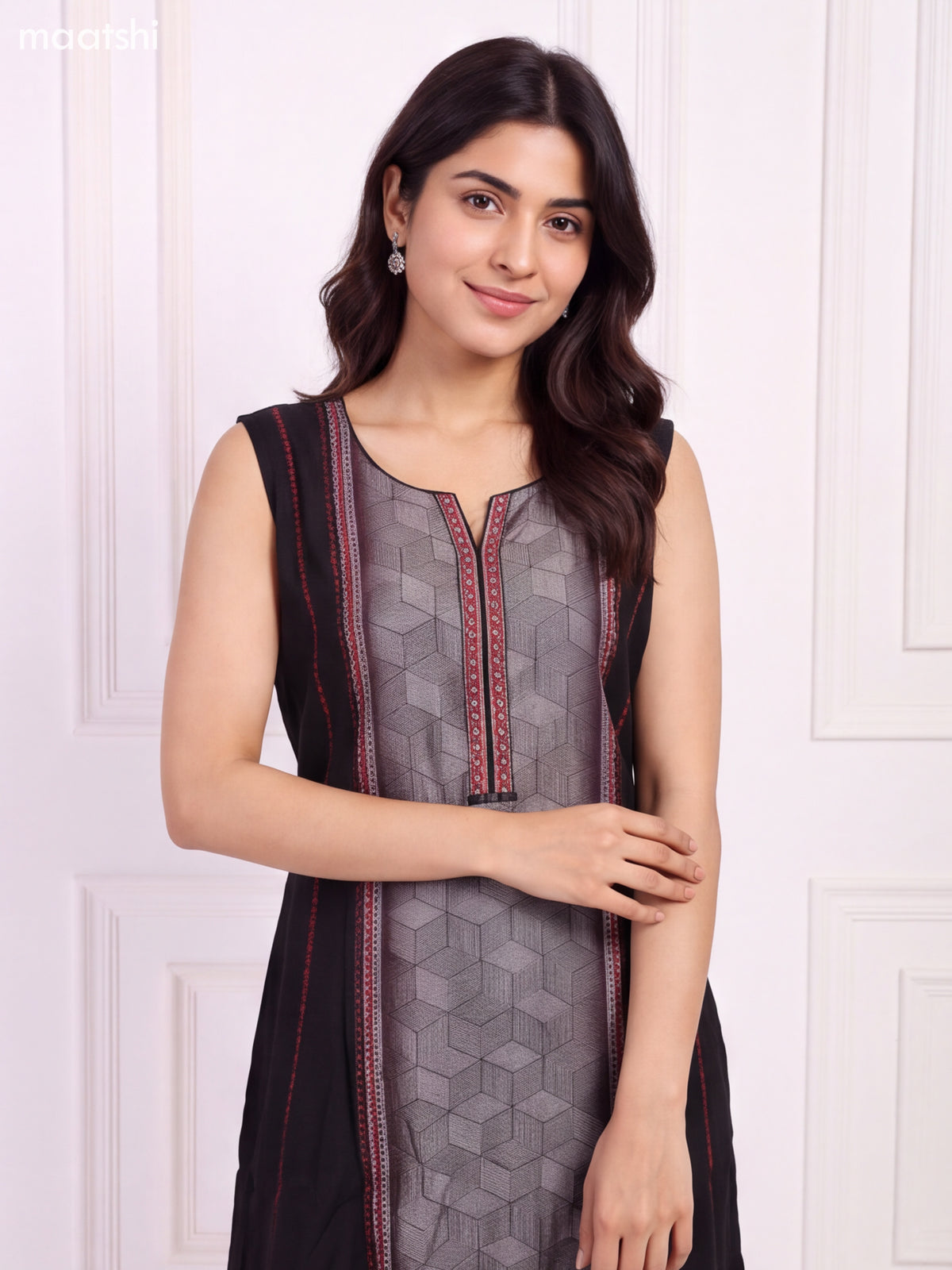 Black and Maroon Art Silk Printed & Embroidery Work Kurti Set
