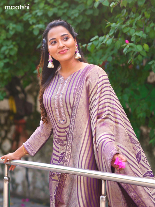 Violet Tissue Embroidery Work & Banarasi Style Straight Suit