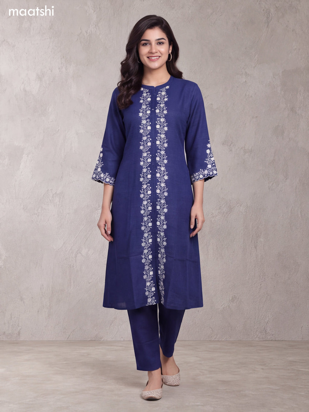 Dark Blue Art Tussar Embroidery Work Long A-Line Kurti Set