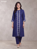 Dark Blue Art Tussar Embroidery Work Long A-Line Kurti Set