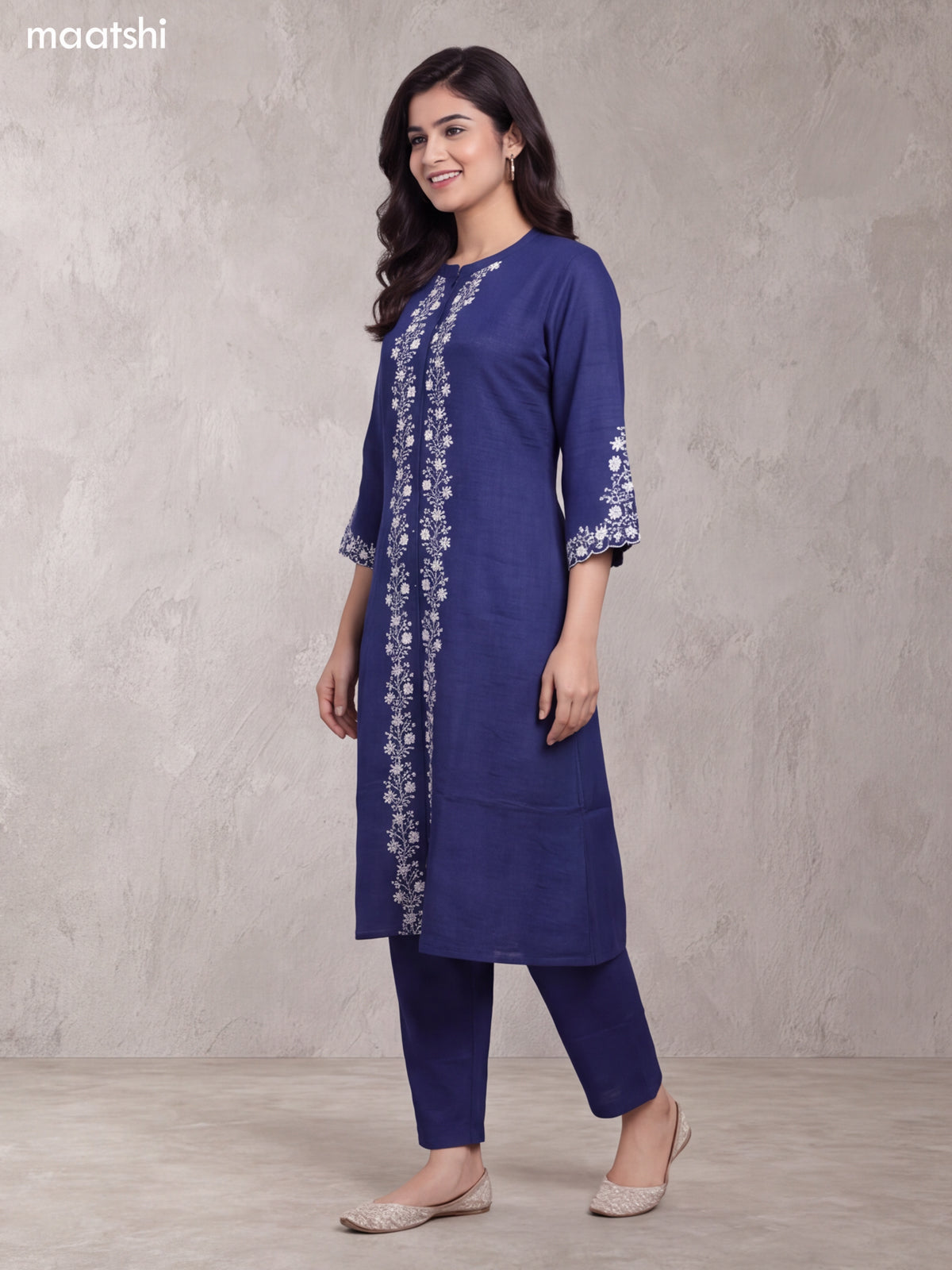 Dark Blue Art Tussar Embroidery Work Long A-Line Kurti Set