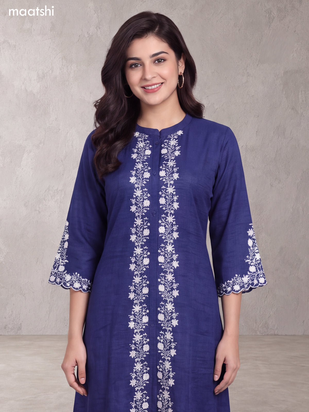 Dark Blue Art Tussar Embroidery Work Long A-Line Kurti Set