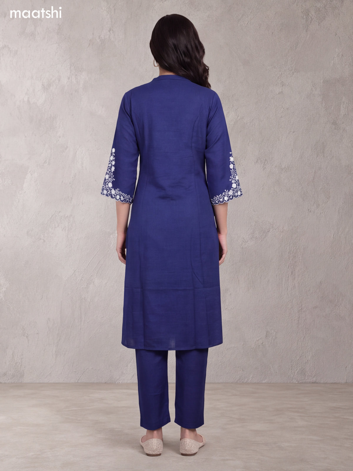 Dark Blue Art Tussar Embroidery Work Long A-Line Kurti Set