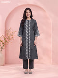 Greyish Green Art Tussar Embroidery Work Long A-Line Kurti Set
