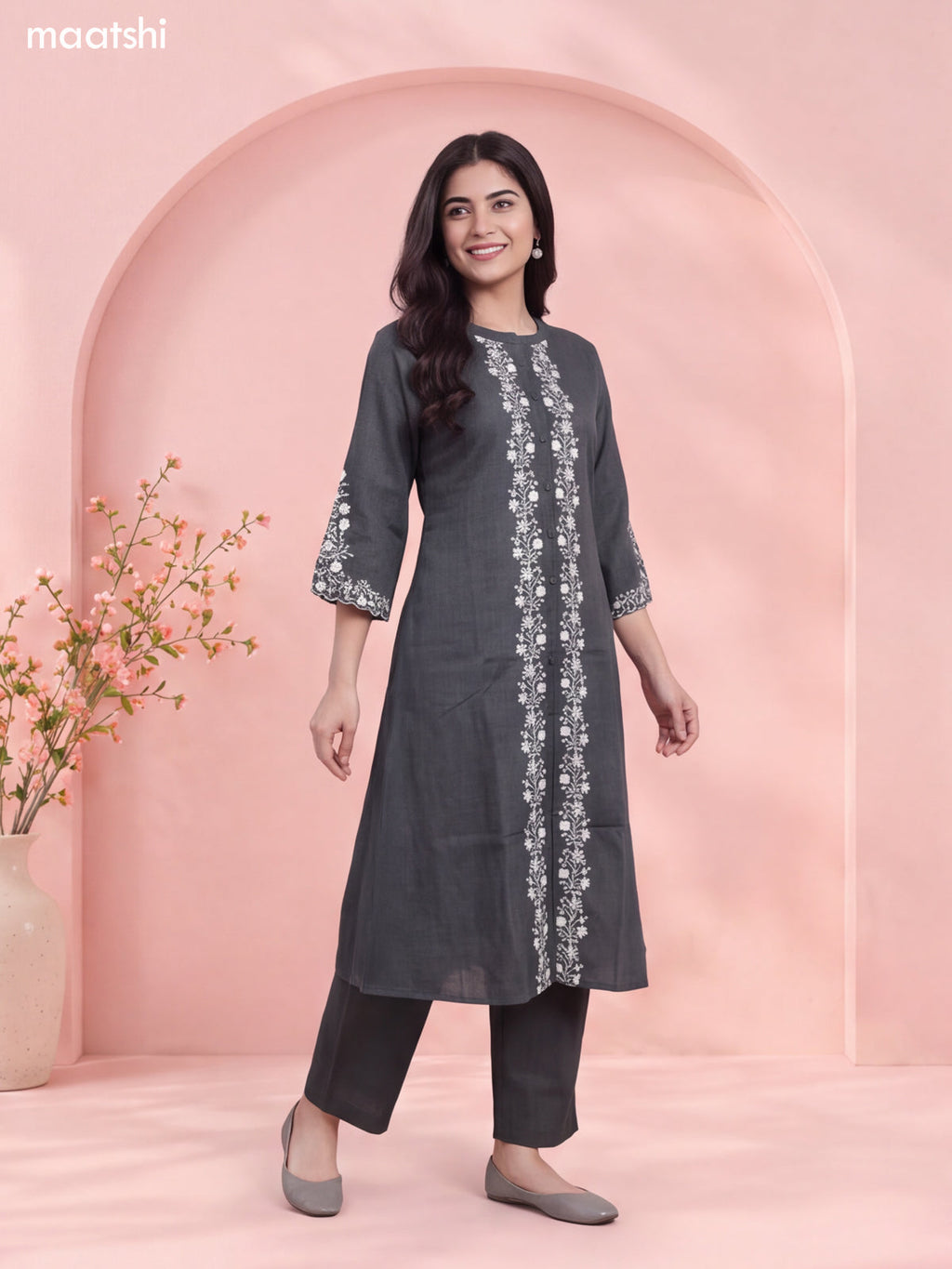 Greyish Green Art Tussar Embroidery Work Long A-Line Kurti Set