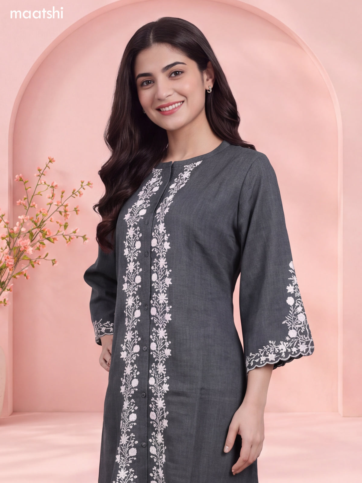 Greyish Green Art Tussar Embroidery Work Long A-Line Kurti Set